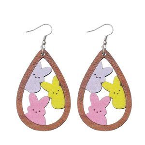 Earrings Marshmellow Peeps Easter Bunny Dangle Wood Candy Hollow Cut Fun Trendy